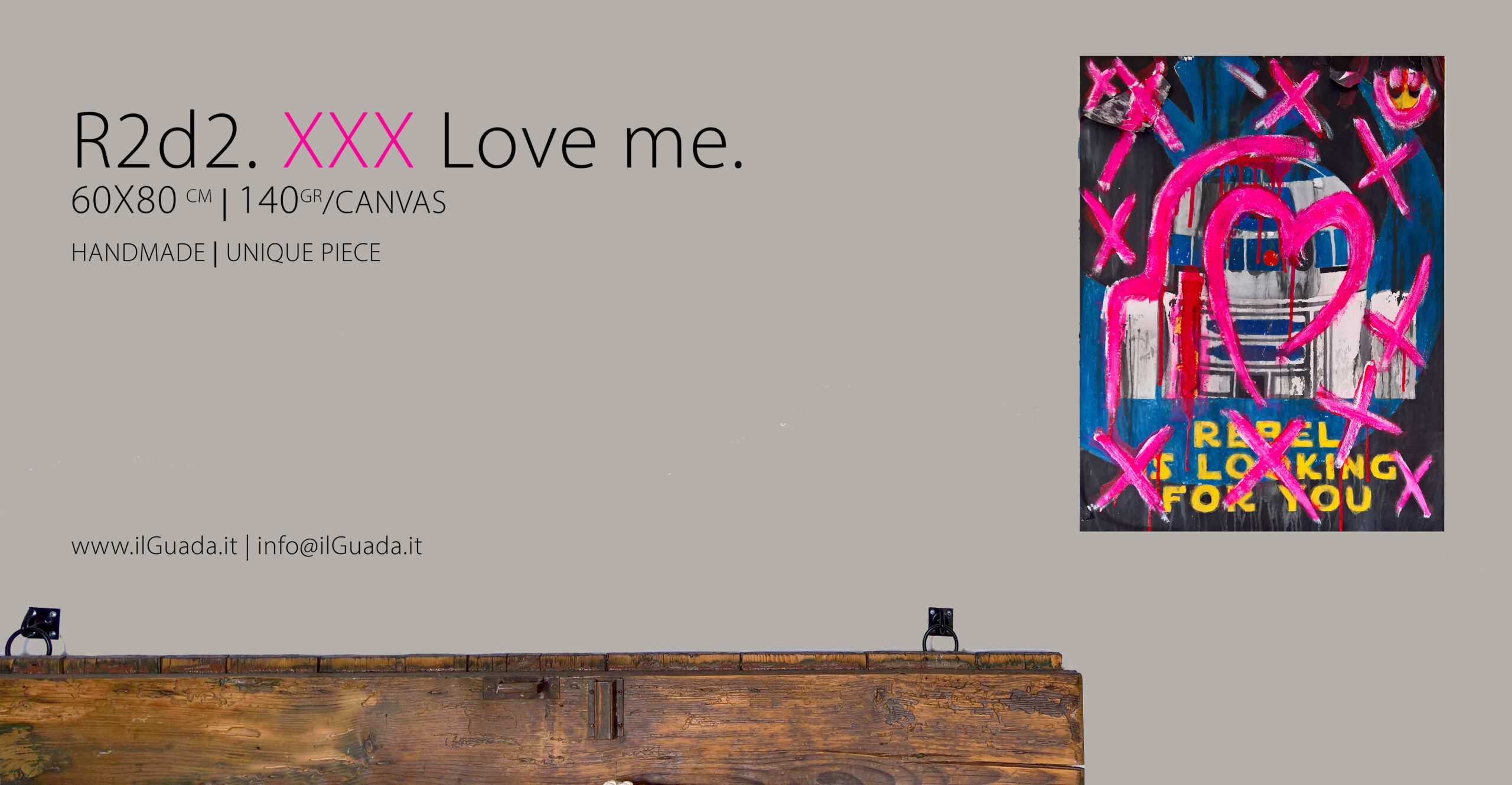 Tela R2D2 XXXLOVE ME - su muro. 60x80 - Anno 2024